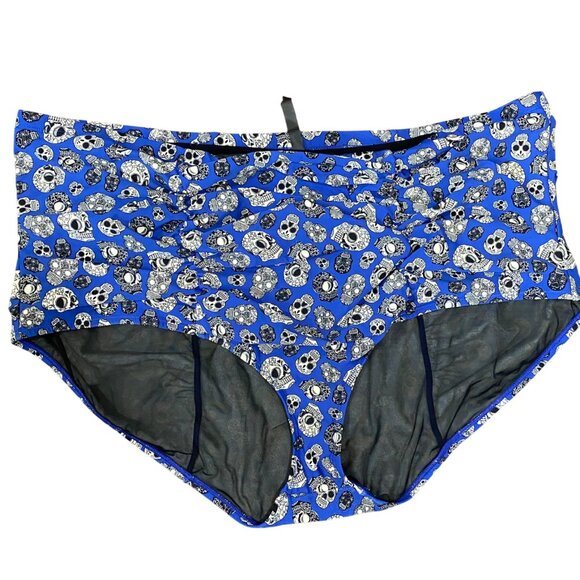 Torrid 5X Skull Day of The Dead Print High-Waist Swim Bottom — Blue Ruched Retro - Picture 1 of 3